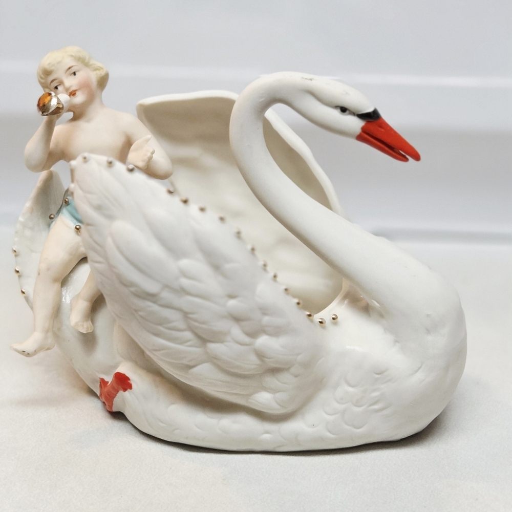 Vtg Ceramic Swan Planter With Baby Cherub Playing Instrument FIRM PRICE